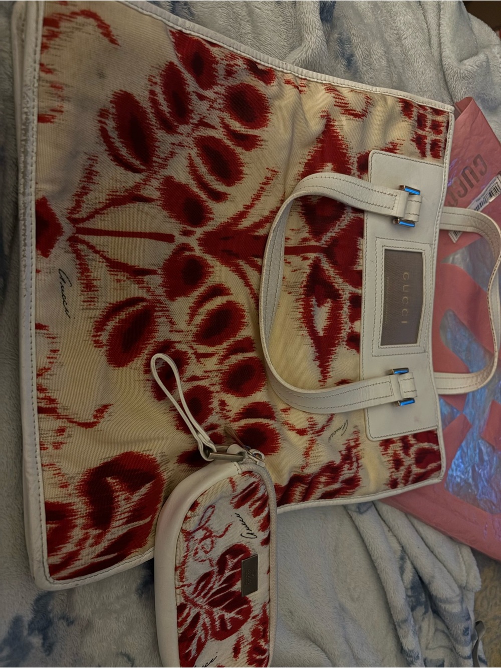 Gucci Red and Cream Canvas Tote Bag w makeup wristlet